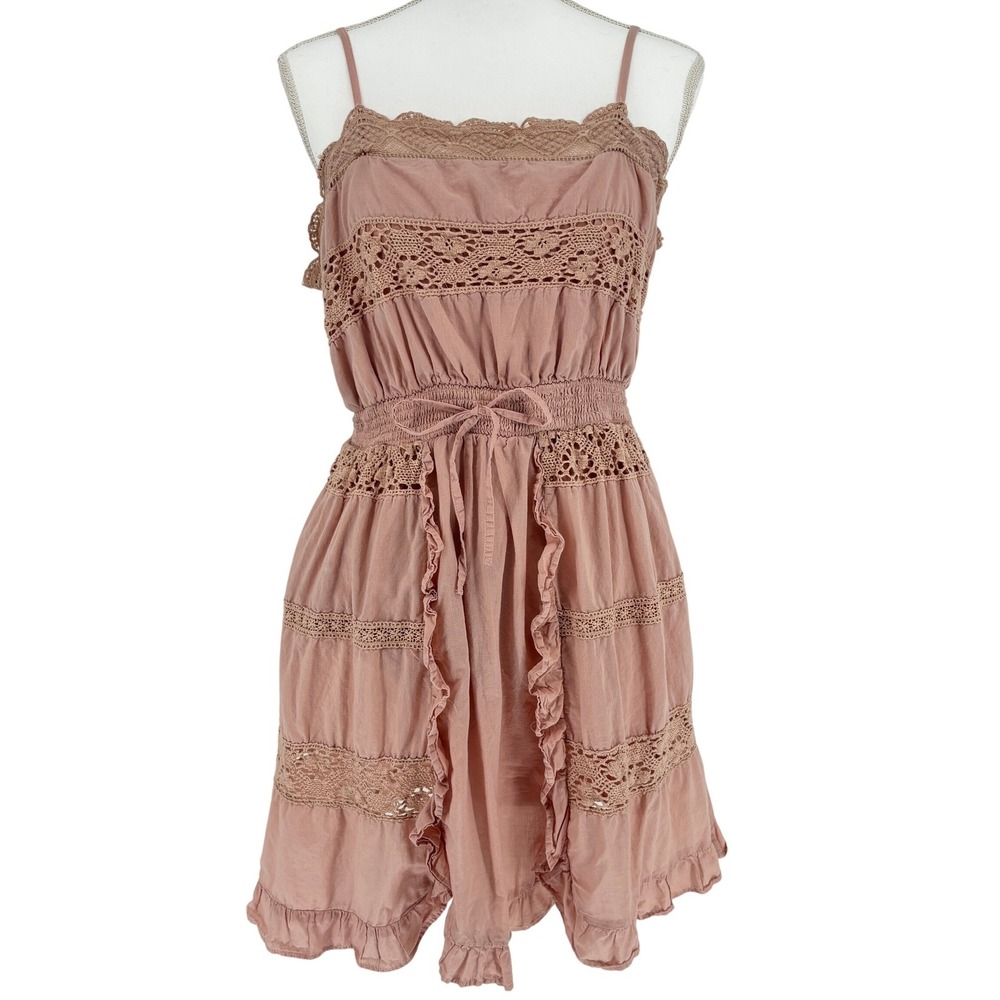 Boho Crochet Lace Tiered Mini Dress Tan Smocked Cottagecore Earthy Feminine